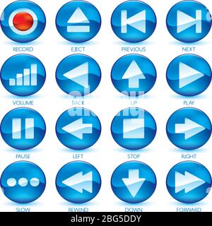 Vector illustration. Icons of media control in circular buttons. Color blue. Stock Vector