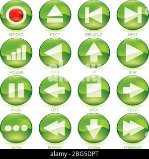 Vector illustration. Icons of media control in circular buttons. Color green. Stock Vector