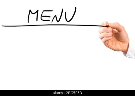 Man writing the word - Menu - on a virtual screen or interface with copyspace below for your text and advertising of food dishes, services or options. Stock Photo