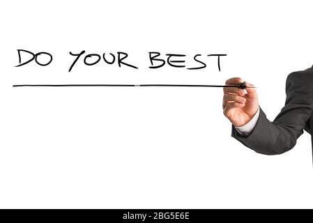 Man writing the idiom - Do your best - on a virtual interface with a black marker pen over white with copyspace in a motivational message. Stock Photo