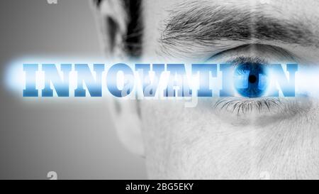 Futuristic image with word Innovation using human eye as the letter o. Stock Photo