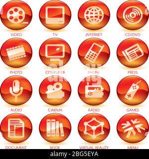 Vector illustration. Icons of media control in circular buttons. Color red. Stock Vector