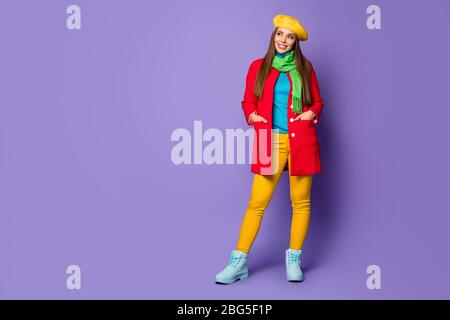 Full length body size view of her she nice attractive lovely fashionable cheerful cheery content straight-haired girl wearing bright season look Stock Photo