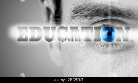 Futuristic image with word Education using human eye as the letter O. Stock Photo