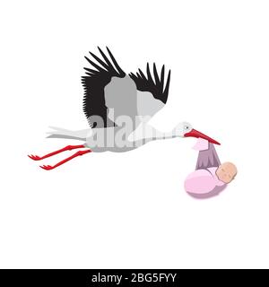 Stork carrying a child on a white isolated background. Vector image Stock Vector