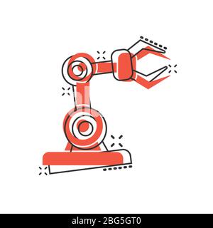 Robot arm icon in comic style. Mechanic manipulator cartoon vector illustration on white isolated background. Machine splash effect business concept. Stock Vector