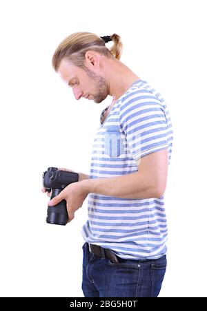 Handsome photographer with camera, isolated on white Stock Photo