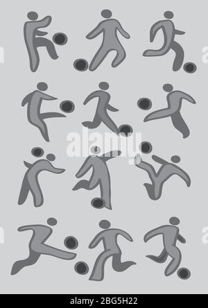 Set of vector drawing of soccer player kicking soccer ball icons in grey and black isolated on light grey background Stock Vector