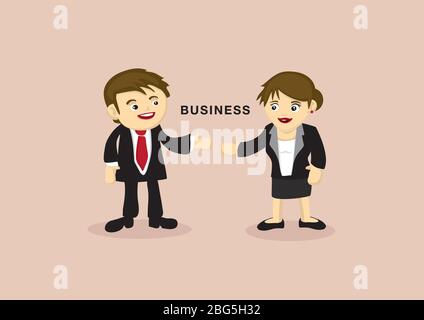 Cute cartoon business partners with eye contact and reaching out arms for presentation. Vector illustration isolated on plain background with copy spa Stock Vector