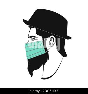 Man s face as illustration with virus protection mask and hat Stock Vector