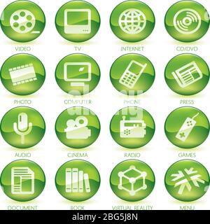 Vector illustration. Icons of media control in circular buttons. Color green. Stock Vector