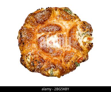 Romanian traditional sweat course for easter, "Pasca" with cheese , Sesame seeds and Turkish delight, isolated on white background, top view. Stock Photo