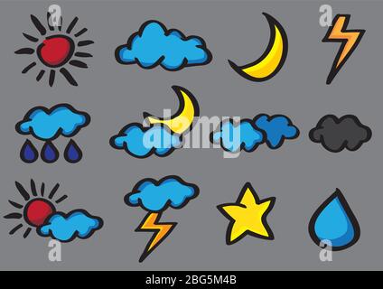 Collection of weather icons vector illustration in cartoon style isolated on grey background Stock Vector