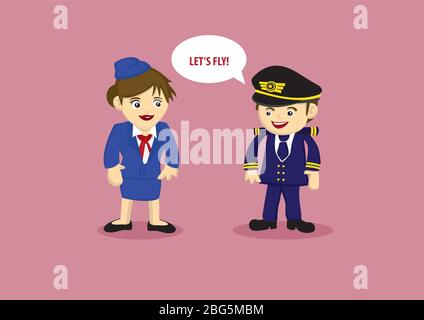 Cute vector cartoon mascots of a pilot saying Let's Fly to air stewardess in blue uniform isolated on pink background Stock Vector