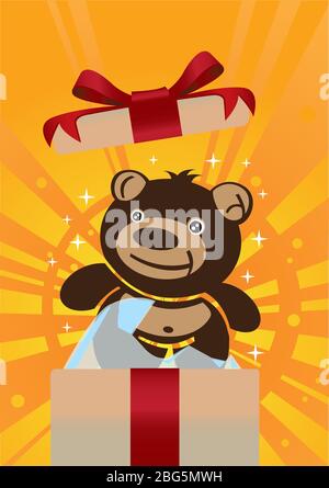 Cute teddy bear inside a gift box. Stock Vector