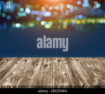 Old brown wooden plank with abstract blurred bokeh light backgrounds Stock Photo