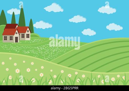 Rural farm landscape scene with houses. Summer country scenery background with green fields, meadow, village, clouds, grass, flowers, trees, blue sky. Stock Vector