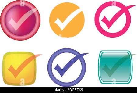 Set of six vector icon design of tick or check symbols. Vector illustration isolated on white background. Stock Vector