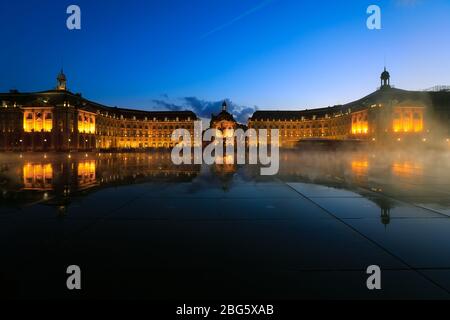 Reflection of Place De La Bourse and tram in Bordeaux, France. A Unesco World Heritage