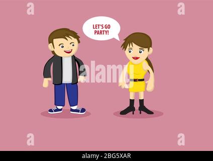 Cute Cartoon girlfriend in funky fashion inviting boyfriend to party. Vector character design isolated on pink plain background. Stock Vector