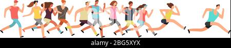 Jogging people. Runners group in motion. Running men and women sports background. People runner race, training to marathon, jogging and running illust Stock Vector