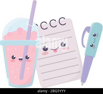 cute notepad pen and milkshake kawaii cartoon character vector illustration Stock Vector