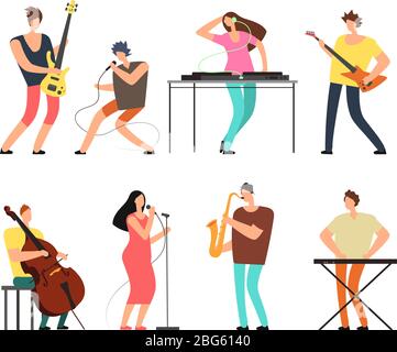 Music band musicians with musical instruments playing music on stage vector set isolated. Concert group on stage, musical singer and performance illus Stock Vector