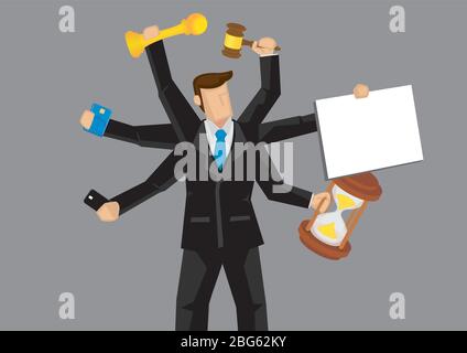 Cartoon business professional with multiple arms holding different objects. Vector illustration on metaphor for busyness and multitasking isolated on Stock Vector