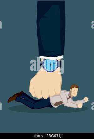 Small businessman pinned onto the floor by a huge fist. Creative vector cartoon illustration on difficulty of small businesses under bigger forces con Stock Vector