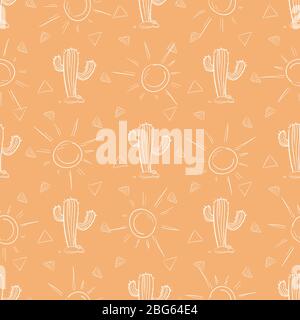 Chalk hand drawn cactus and sun seamless pattern. Vector illustration Stock Vector