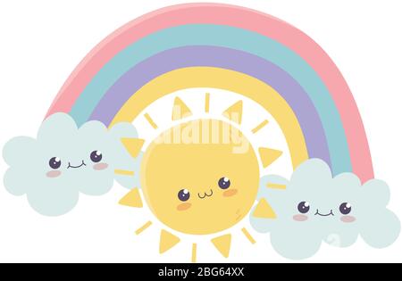 rainbow with clouds and sun kawaii character vector illustration design ...