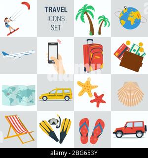 Vacation travel 4 flat icons square with ship rail aviation and land ...