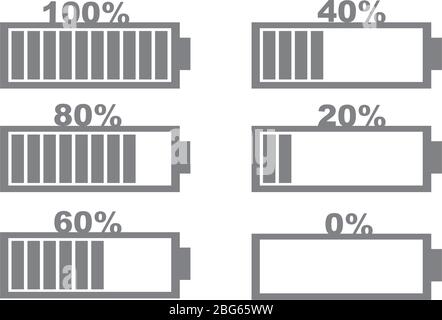 Battery charging indicator icons in percentage. Flat Isolated vector illustration. Stock Vector