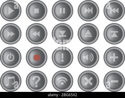 Round user interface buttons for internet electronics and computers. 3D button design in vector isolated on white. Stock Vector