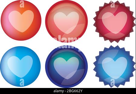 Set of six glossy round web buttons with heart shape in red and blue. Vector icon set isolated on white background Stock Vector