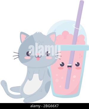 cute cat with milkshake kawaii cartoon character vector illustration Stock Vector