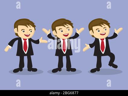 Vector illustration of a cute happy businessman in three different poses isolated on purple background Stock Vector