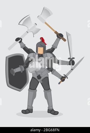 Vector illustration of a cartoon medieval knight character in metal armor with multiple arms holding a variety of ancient weapon. Stock Vector