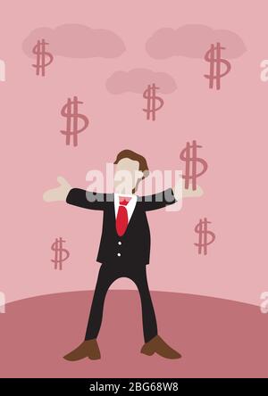 Vector illustration of a rich happy man in business suit receiving money represented by dollar signs falling from sky with open arms Stock Vector