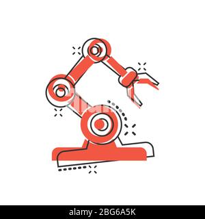 Robot arm icon in comic style. Mechanic manipulator cartoon vector illustration on white isolated background. Machine splash effect business concept. Stock Vector