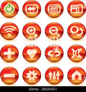 Vector illustration. Icons of media control in circular buttons. Color red. Stock Vector