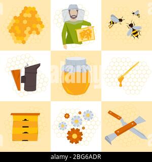 Nine Vector icons beekeeping products Stock Vector