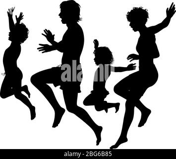 Editable vector silhouettes of a family jumping into water Stock Vector