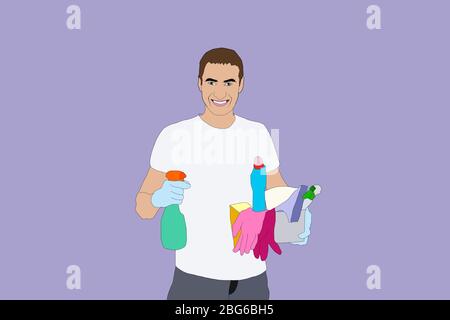 Stay at Home cleaning the room, clean is healthy Illustration Stock Photo