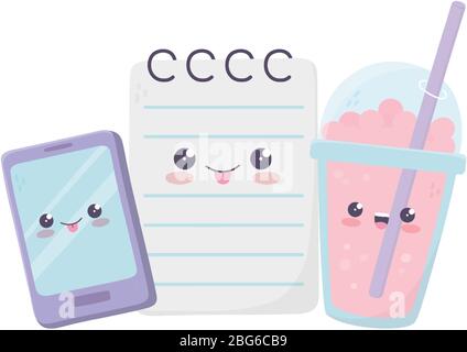 cute smartphone milkshake and notepad kawaii cartoon character vector illustration Stock Vector