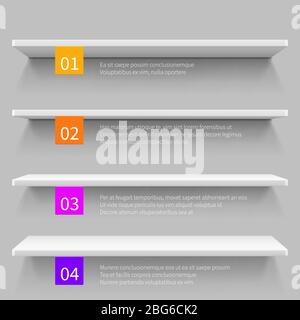 Empty modern store 3d shelves for product. Shop interior vector infographic template. Illustration of interior bookshelf, shelf with number order Stock Vector
