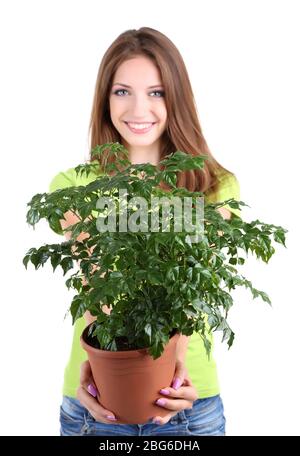 Beautiful girl with flower in pot isolated on white Stock Photo