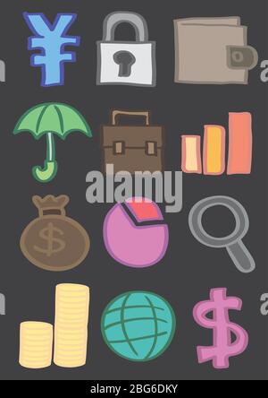 Vector icons of Japanese yen symbol, security lock, wallet, umbrella, briefcase, bar chart, money bag, pie chart, magnifying glass, coin stack, globe Stock Vector