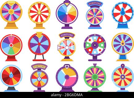 Roulette fortune spinning wheels flat icons casino money games - bankrupt or lucky vector elements. Set of fortune, wheel for casino, success game rou Stock Vector