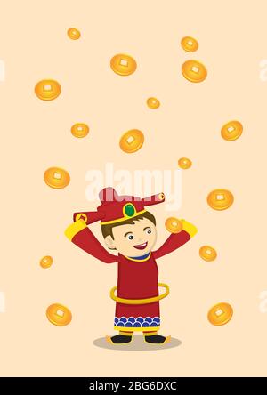 Vector illustration of a cartoon boy in Chinese God of Wealth costumes amidst falling gold coins from sky Stock Vector